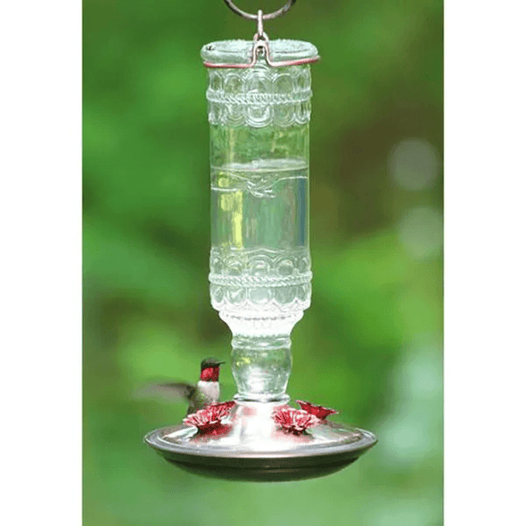 Clear Antique Bottle Decorative Glass Hummingbird Feeder - We Love Hummingbirds