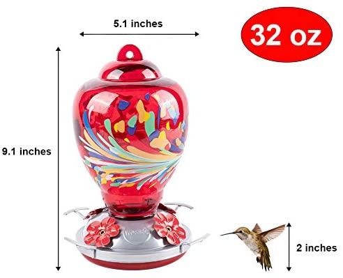 Colorful Red Glass Hummingbird Feeder - Holds 34 oz of Nectar - We Love Hummingbirds
