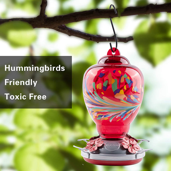 Colorful Red Glass Hummingbird Feeder - Holds 34 oz of Nectar - We Love Hummingbirds