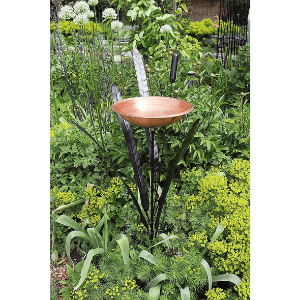 Copper Single Cattail Birdbath with 1 Bowl and Stake - 50 in. Tall - We Love Hummingbirds
