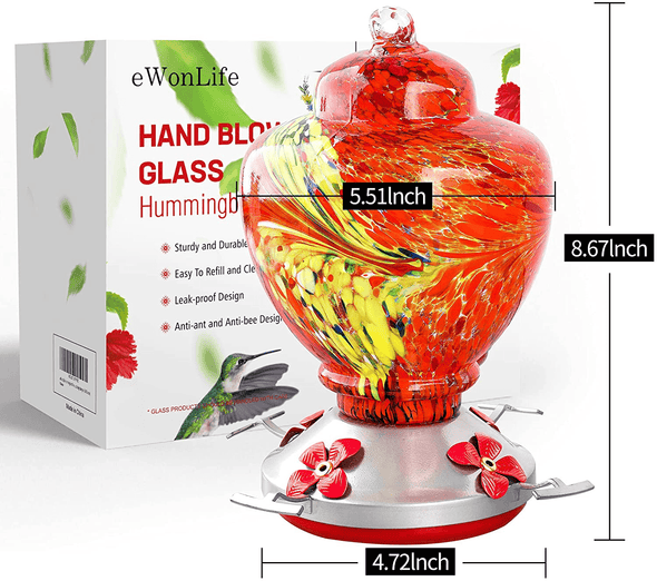 Ewonlife Hummingbird Feeder Glass for Outdoors Hanging, 2 Pack Hummingbird Feeders with Perch, Hand Blown Glass, Leak-Proof, Easy Clean and Fill, Include 2 Hooks, Brush, Hanging Rope(38 Ounces/Pack) - We Love Hummingbirds
