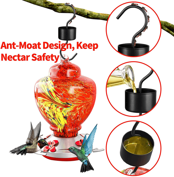 Ewonlife Hummingbird Feeder Glass for Outdoors Hanging, 2 Pack Hummingbird Feeders with Perch, Hand Blown Glass, Leak-Proof, Easy Clean and Fill, Include 2 Hooks, Brush, Hanging Rope(38 Ounces/Pack) - We Love Hummingbirds