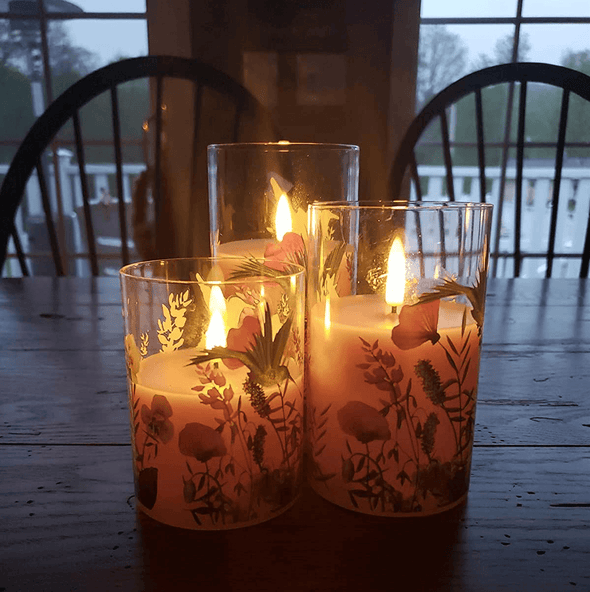 Eywamage Hummingbird Pink Floral Glass Flameless Candles with Remote, 3 Pack Flickering LED Battery Candles Gift Set D 3" H 4" 5" 6" Decorative Candles - We Love Hummingbirds