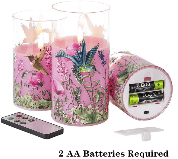 Eywamage Hummingbird Pink Floral Glass Flameless Candles with Remote, 3 Pack Flickering LED Battery Candles Gift Set D 3" H 4" 5" 6" Decorative Candles - We Love Hummingbirds