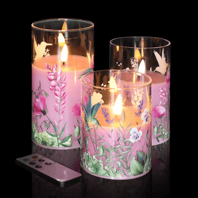 Eywamage Hummingbird Pink Floral Glass Flameless Candles with Remote, 3 Pack Flickering LED Battery Candles Gift Set D 3" H 4" 5" 6" Decorative Candles - We Love Hummingbirds