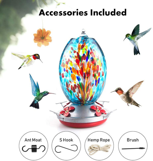 Fireworks Hand Blown Glass Hummingbird Feeder - Holds 25 oz of Nectar - We Love Hummingbirds