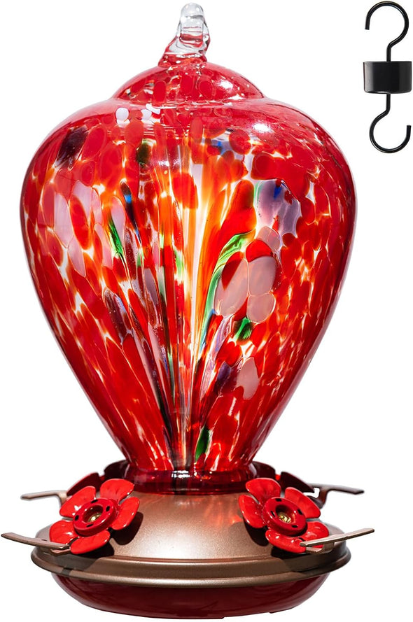 Floral Balloon Hand Blown Glass Hummingbird Feeder - Holds 34 oz of Nectar - We Love Hummingbirds