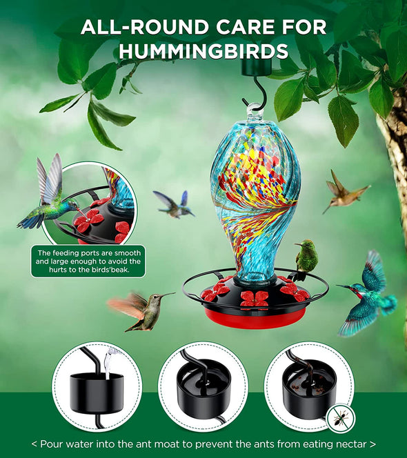 Flowing Flower Hand Blown Glass Hummingbird Feeder- Holds 30 oz of Nectar - We Love Hummingbirds