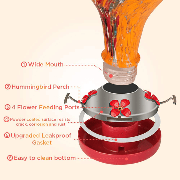 GAISTEN Glass Hummingbird Feeder, 36Oz Large Hummingbird Feeders for Outdoors Hanging, Leakproof Hand Blown Hummingbird Feeder Never Fade, Attract More Birds, 4 in 1 Garden Backyard Decorative(Yellow) - We Love Hummingbirds