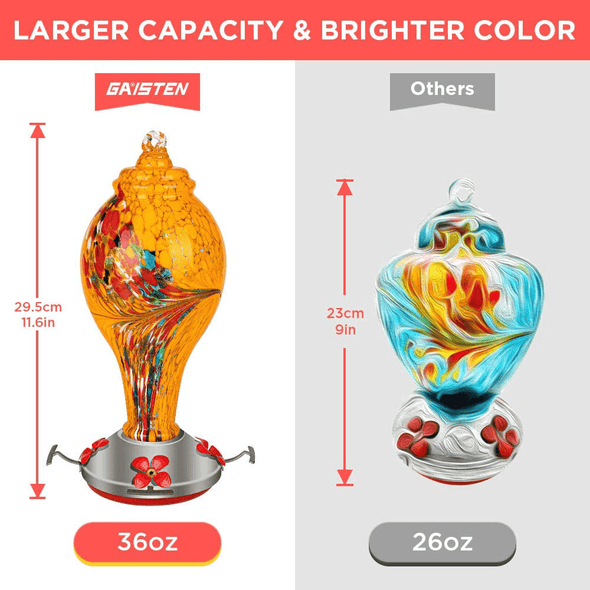 GAISTEN Glass Hummingbird Feeder, 36Oz Large Hummingbird Feeders for Outdoors Hanging, Leakproof Hand Blown Hummingbird Feeder Never Fade, Attract More Birds, 4 in 1 Garden Backyard Decorative(Yellow) - We Love Hummingbirds