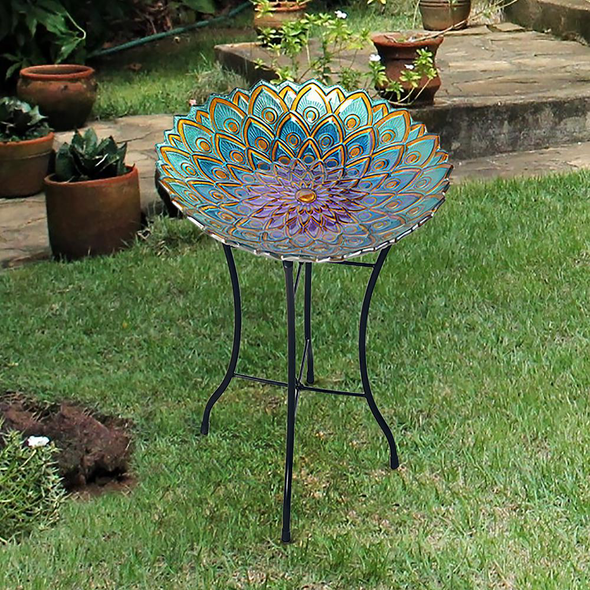 Glass Outdoor Fusion Mosaic Flower Birdbath with Stand - We Love Hummingbirds