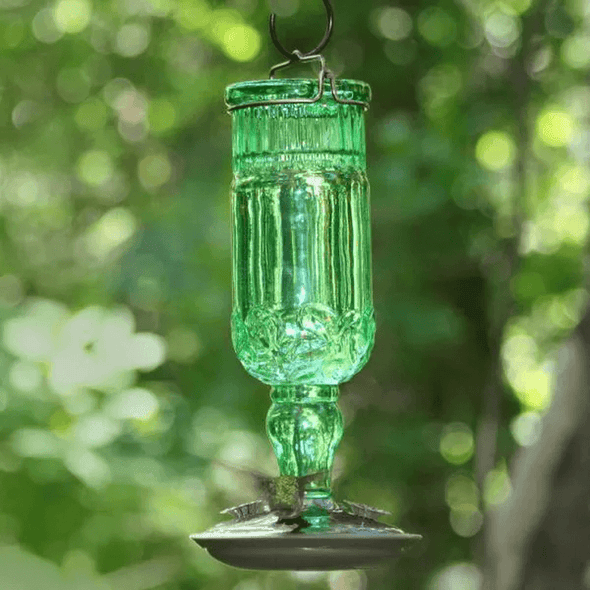Green Antique Bottle Decorative Glass Hummingbird Feeder - We Love Hummingbirds