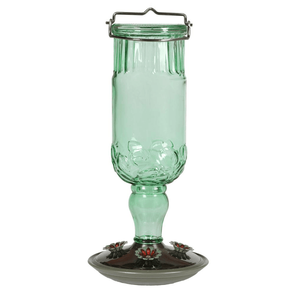 Green Antique Bottle Decorative Glass Hummingbird Feeder - We Love Hummingbirds