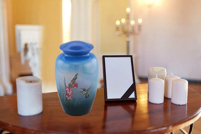 Hand Painted Solid Metal Adult Cremation Urn with Free Velvet Bag - We Love Hummingbirds