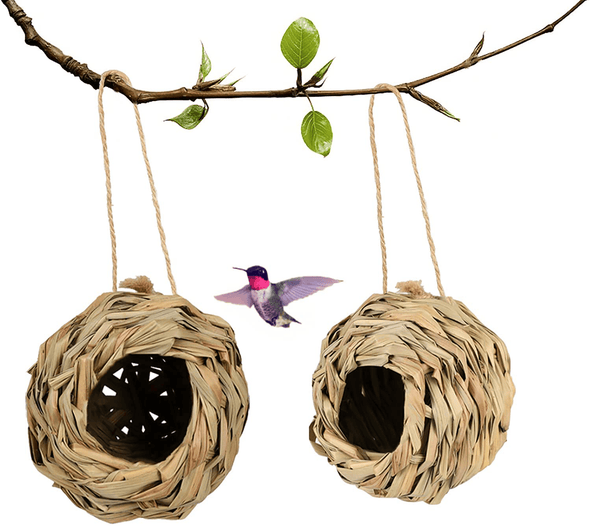 Humming Bird House Outdoor,Hand Woven Hummingbird Houses for Outdoors Hanging,Set of 2 Grass Hummingbird Nest for outside inside Decoration, 4.72’’×4.71’’Humming Bird Gift - We Love Hummingbirds