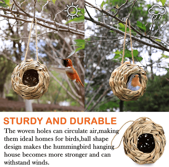 Hummingbird Houses for outside Hanging, Set of 4 Hand Woven Bird Nesting, 4.72 × 4.71 Inch Bird Hut, Finch Bird House, Hummingbird Gifts for Indoor and Outdoor Decoration (Ball Shape) - We Love Hummingbirds