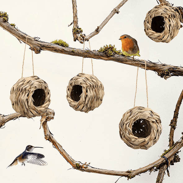 Hummingbird Houses for outside Hanging, Set of 4 Hand Woven Bird Nesting, 4.72 × 4.71 Inch Bird Hut, Finch Bird House, Hummingbird Gifts for Indoor and Outdoor Decoration (Ball Shape) - We Love Hummingbirds