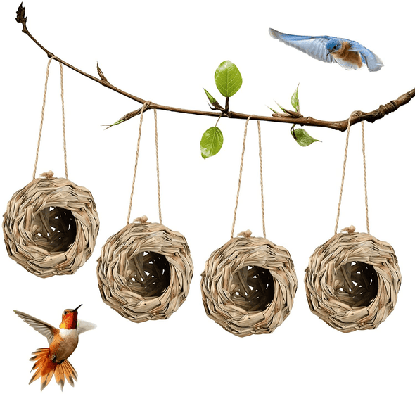 Hummingbird Houses for outside Hanging, Set of 4 Hand Woven Bird Nesting, 4.72 × 4.71 Inch Bird Hut, Finch Bird House, Hummingbird Gifts for Indoor and Outdoor Decoration (Ball Shape) - We Love Hummingbirds