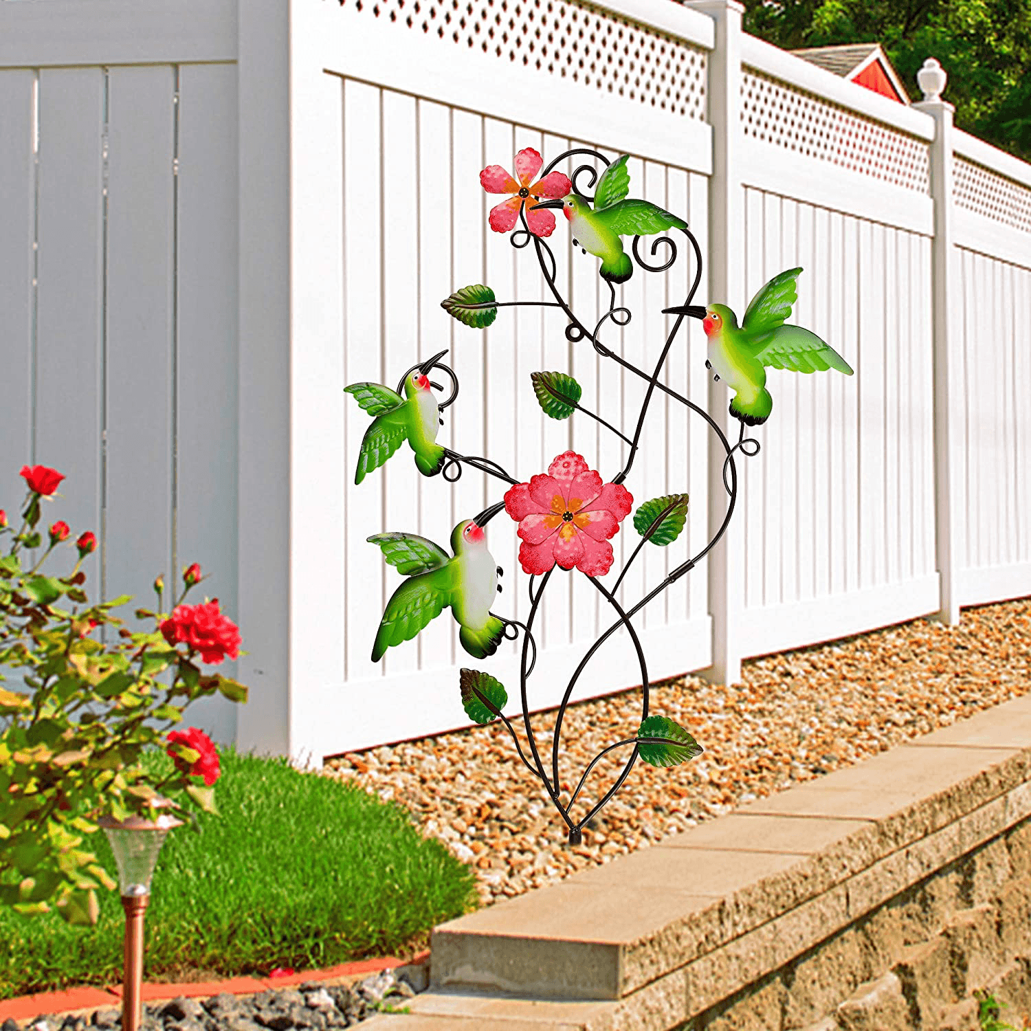 outdoor hanging plant stakes Juegoal 28 Inch Hummingbirds Garden Stake Decor, Colorful Look & Personalities Flowers Metal Wall Art Spring Decoration, Yard Outdoor Lawn Pathway