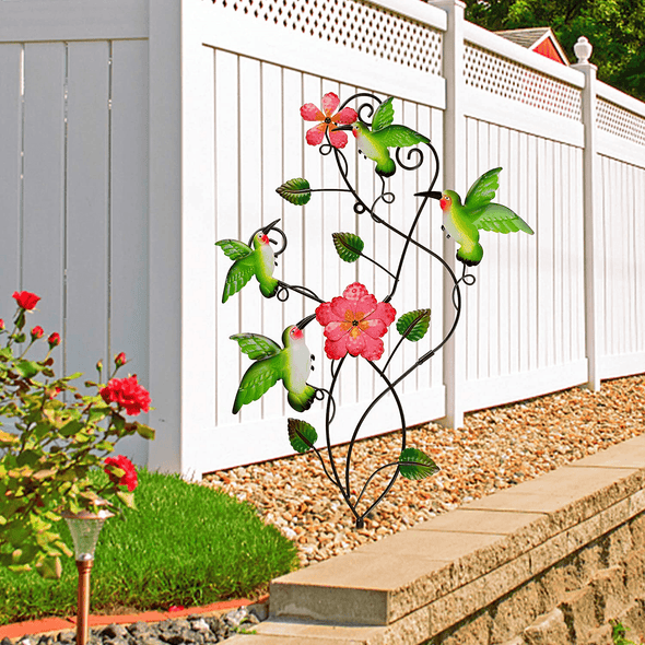 Juegoal 28 Inch Hummingbirds Garden Stake Decor, Colorful Look & Personalities Flowers Metal Wall Art Spring Decoration, Yard Outdoor Lawn Pathway Patio Ornaments - We Love Hummingbirds