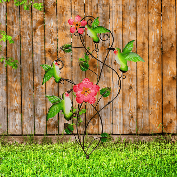 Juegoal 28 Inch Hummingbirds Garden Stake Decor, Colorful Look & Personalities Flowers Metal Wall Art Spring Decoration, Yard Outdoor Lawn Pathway Patio Ornaments - We Love Hummingbirds