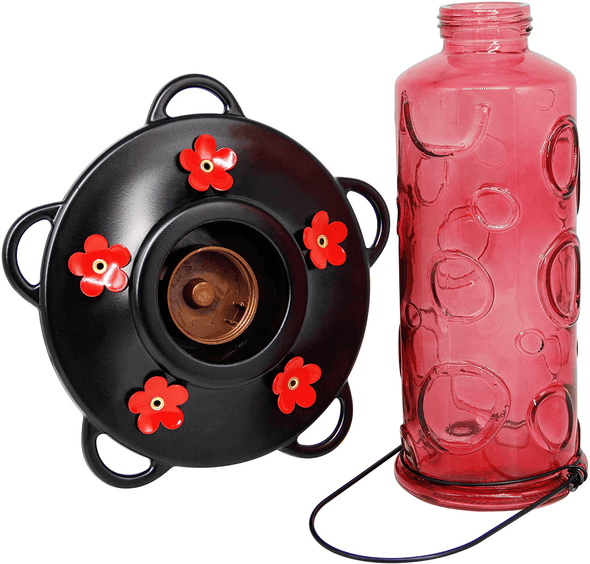 Juegoal 28 Oz Glass Hummingbird Feeders for Outdoors, Wild Bird Feeder with 5 Feeding Ports, Metal Handle Hanging for Outdoor Garden Tree Yard, Red - We Love Hummingbirds