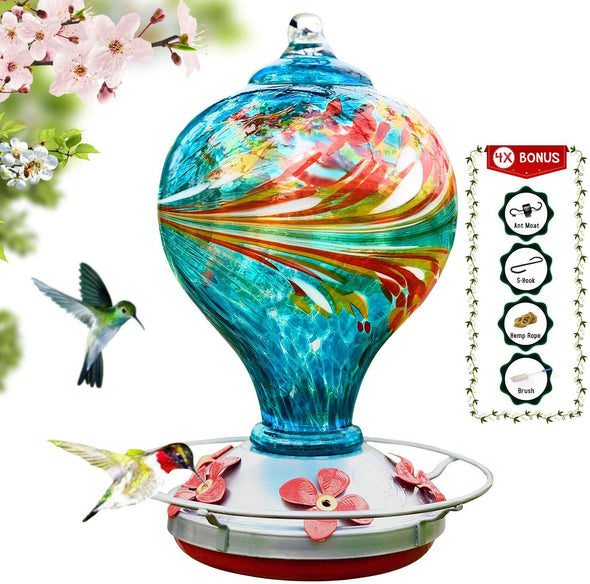 Large Blue Egg with Flowers Hand Blown Glass Hummingbird Feeder - Holds 36 oz of Nectar - We Love Hummingbirds