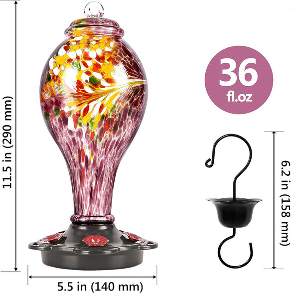 Large Purple Hand Blown Glass Hummingbird Feeder - Holds 36 oz of Nectar - We Love Hummingbirds