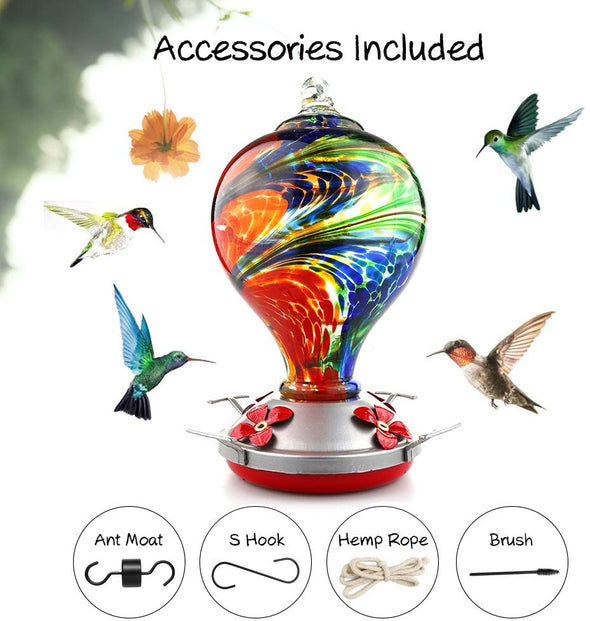 Nebula Hand Blown Glass Hummingbird Feeder- Holds 32 oz of Nectar - We Love Hummingbirds