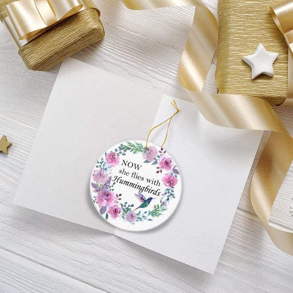 Now She Flies with Hummingbirds Memorial Christmas Ornament - We Love Hummingbirds