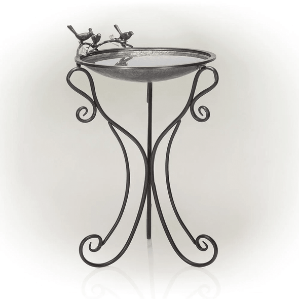 Outdoor Antique Style Galvanized Metal Birdbath Bowl with Bird Figurines - 36 in. Tall - We Love Hummingbirds