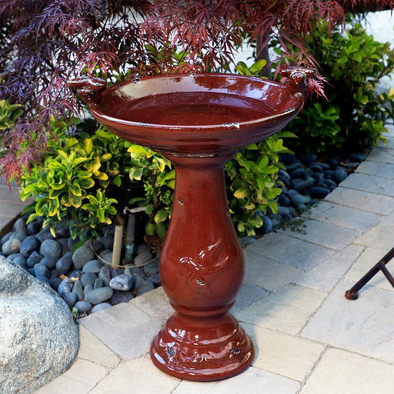 Outdoor Ceramic Antique Pedestal Birdbath with 2 Bird Figurines, Red - 24 in. Tall - We Love Hummingbirds