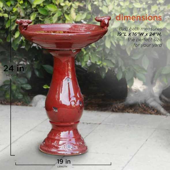 Outdoor Ceramic Antique Pedestal Birdbath with 2 Bird Figurines, Red - 24 in. Tall - We Love Hummingbirds