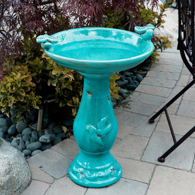 Outdoor Ceramic Antique Pedestal Birdbath with 2 Bird Figurines, Turquoise - 24 in. Tall - We Love Hummingbirds