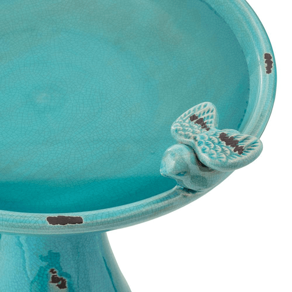 Outdoor Ceramic Antique Pedestal Birdbath with 2 Bird Figurines, Turquoise - 24 in. Tall - We Love Hummingbirds