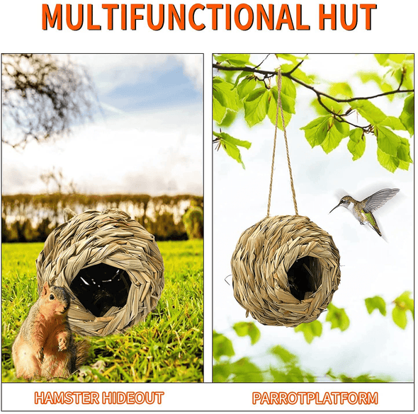 Puninoto Humming Bird Houses for outside Hanging, Natural Grass Hanging Bird Hut, Hand Woven Hummingbird Nest, Large Wren Finch Bird House for Garden Window Outdoor Home Decoration, 3 Pack - We Love Hummingbirds