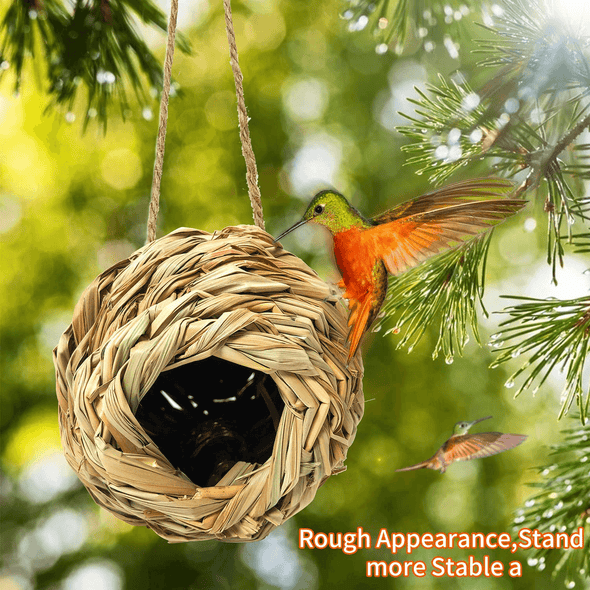 Puninoto Humming Bird Houses for outside Hanging, Natural Grass Hanging Bird Hut, Hand Woven Hummingbird Nest, Large Wren Finch Bird House for Garden Window Outdoor Home Decoration, 3 Pack - We Love Hummingbirds