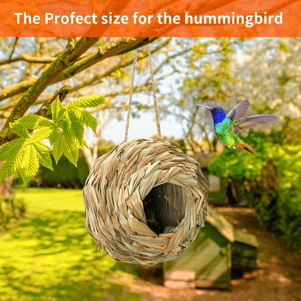 Puninoto Humming Bird Houses for outside Hanging, Natural Grass Hanging Bird Hut, Hand Woven Hummingbird Nest, Large Wren Finch Bird House for Garden Window Outdoor Home Decoration, 3 Pack - We Love Hummingbirds
