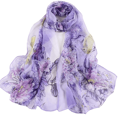 Purple Chiffon Flowers & Birds Printed Scarf for Women - We Love Hummingbirds