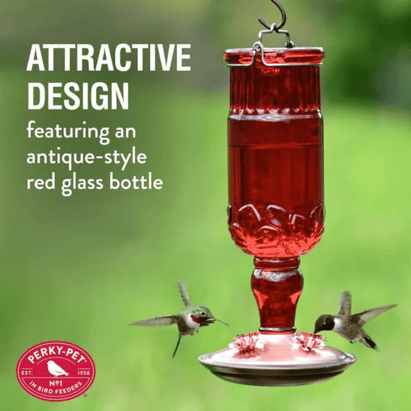 Red Antique Bottle Decorative Glass Hummingbird Feeder - We Love Hummingbirds