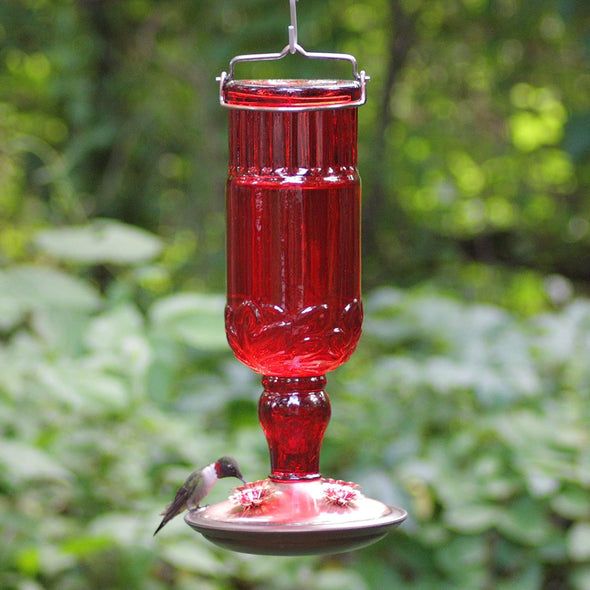 Red Antique Bottle Hummingbird Feeder - Holds 24 oz of Nectar - We Love Hummingbirds