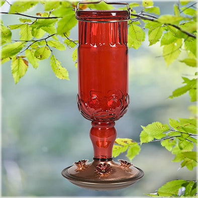 Red Antique Bottle Hummingbird Feeder - Holds 24 oz of Nectar - We Love Hummingbirds