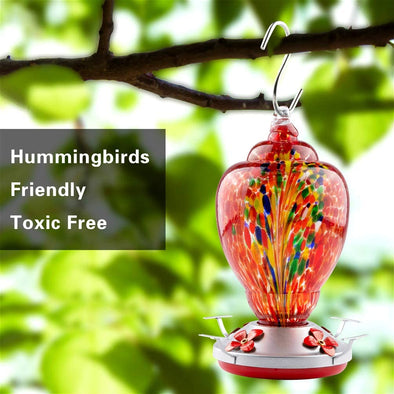 Red Firework Hand Blown Glass Hummingbird Feeder - Holds 32 oz of Nectar - We Love Hummingbirds