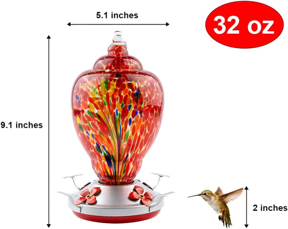 Red Firework Hand Blown Glass Hummingbird Feeder - Holds 32 oz of Nectar - We Love Hummingbirds