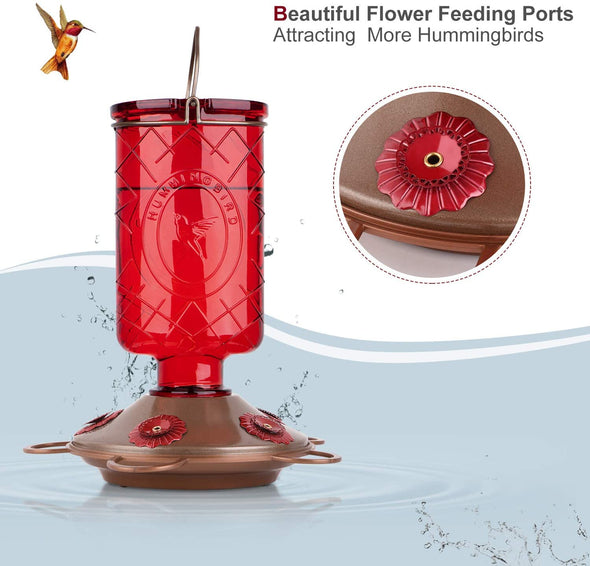 Red Glass Bottle Hummingbird Feeder with 5 Feeding Ports - Holds 22 oz of Nectar - We Love Hummingbirds