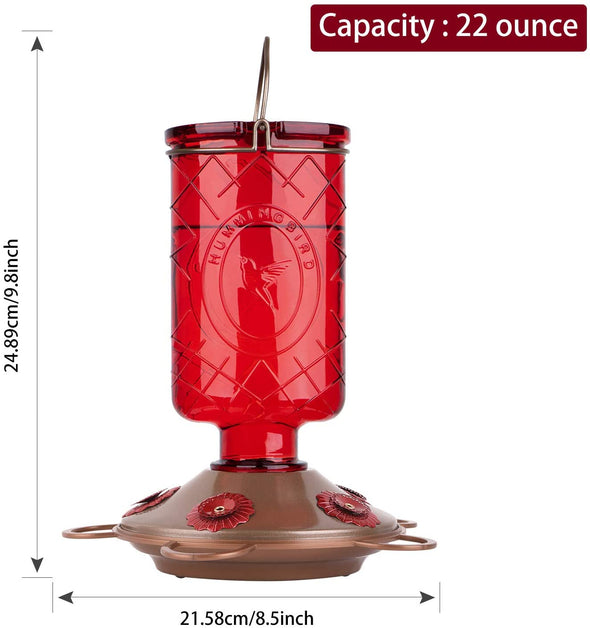 Red Glass Bottle Hummingbird Feeder with 5 Feeding Ports - Holds 22 oz of Nectar - We Love Hummingbirds