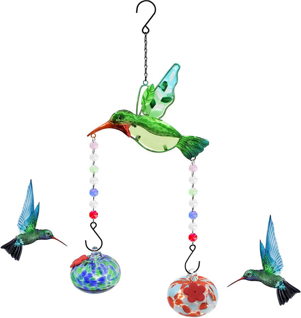 Unique Green Handblown Hanging Glass Hummingbird Feeder - We Love Hummingbirds