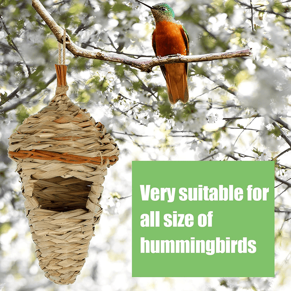 Winemana 2 Pack Hanging Hummingbird Nest House, Durable Hand Woven Bird Hut, Made of Natural Grass, Perfect for Outdoor Garden Patio Lawn - We Love Hummingbirds