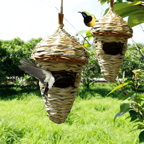 Winemana 2 Pack Hanging Hummingbird Nest House, Durable Hand Woven Bird Hut, Made of Natural Grass, Perfect for Outdoor Garden Patio Lawn - We Love Hummingbirds