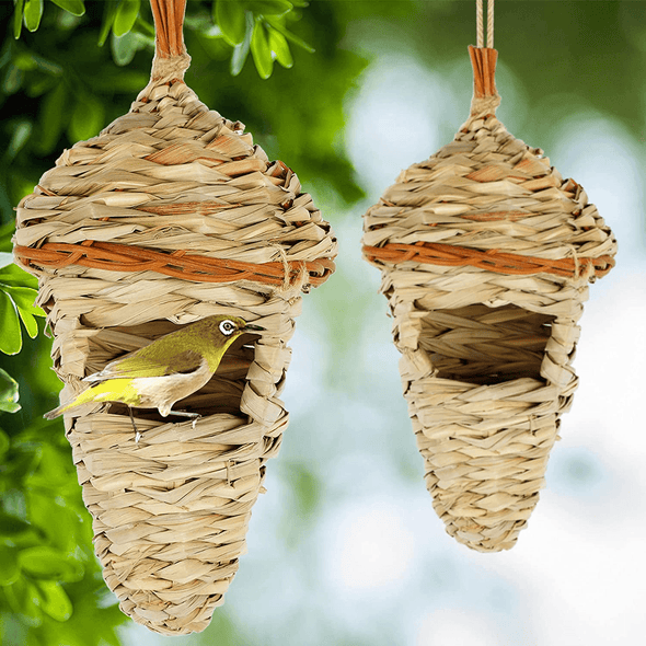 Winemana 2 Pack Hanging Hummingbird Nest House, Durable Hand Woven Bird Hut, Made of Natural Grass, Perfect for Outdoor Garden Patio Lawn - We Love Hummingbirds